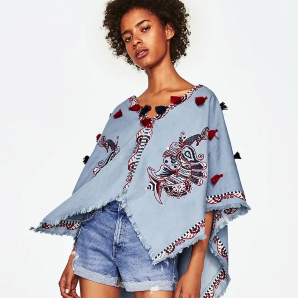 ZARA Chambray Embroidered Poncho Cape with Tassels Size M-L